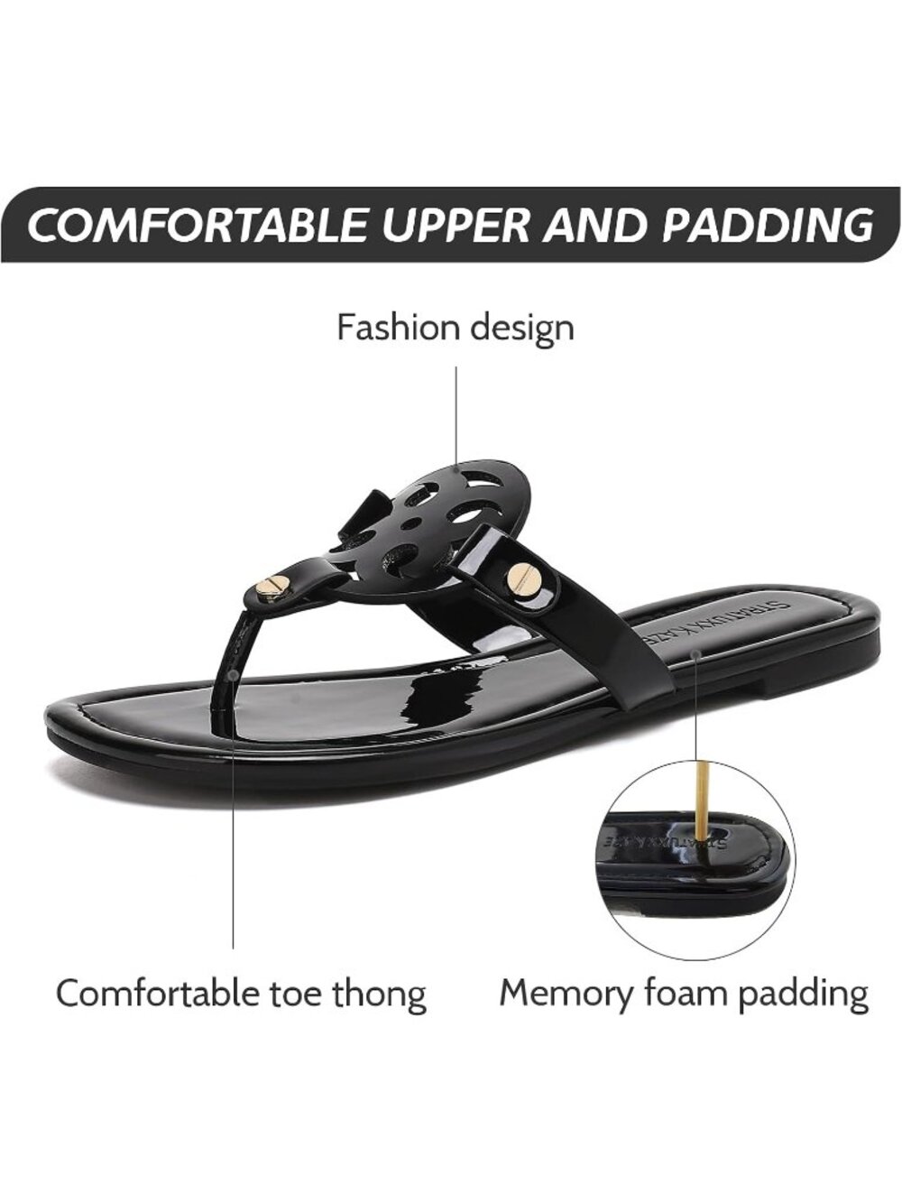 Women's Black Faux Leather Memory Foam Beach Slides Comfy Flipflop Flat Sandals - Picture 4 of 7